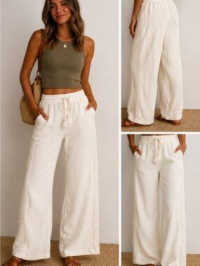 Jolt Cream Linen-Blend Elastic Waist Pants